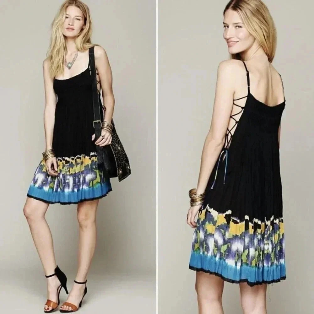 Free People Fp One Black Imperial Palm Pintuck Printed Boho Dress